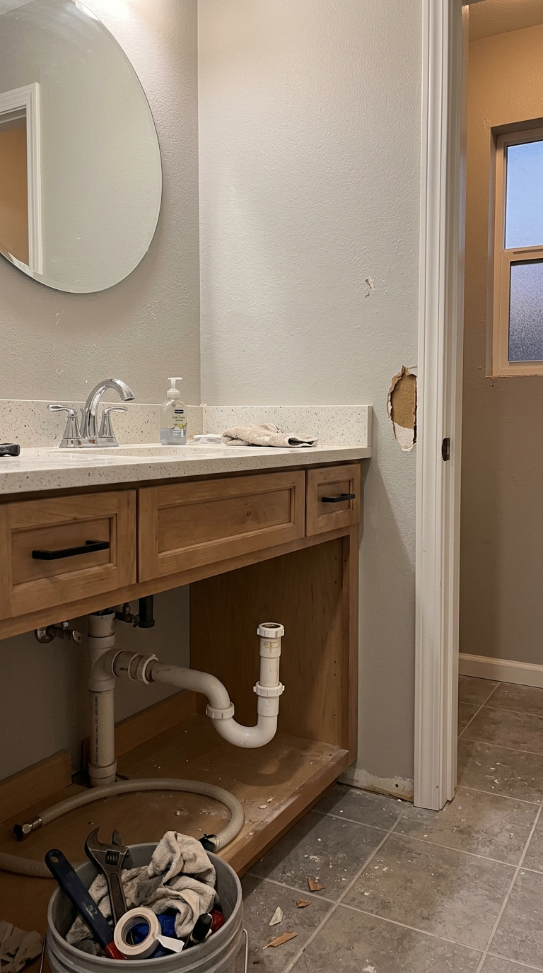 Image générée : salle de bain en chantier, avec un éclat dans le mur près du cadre de porte et le siphon du lavabo à découvert
